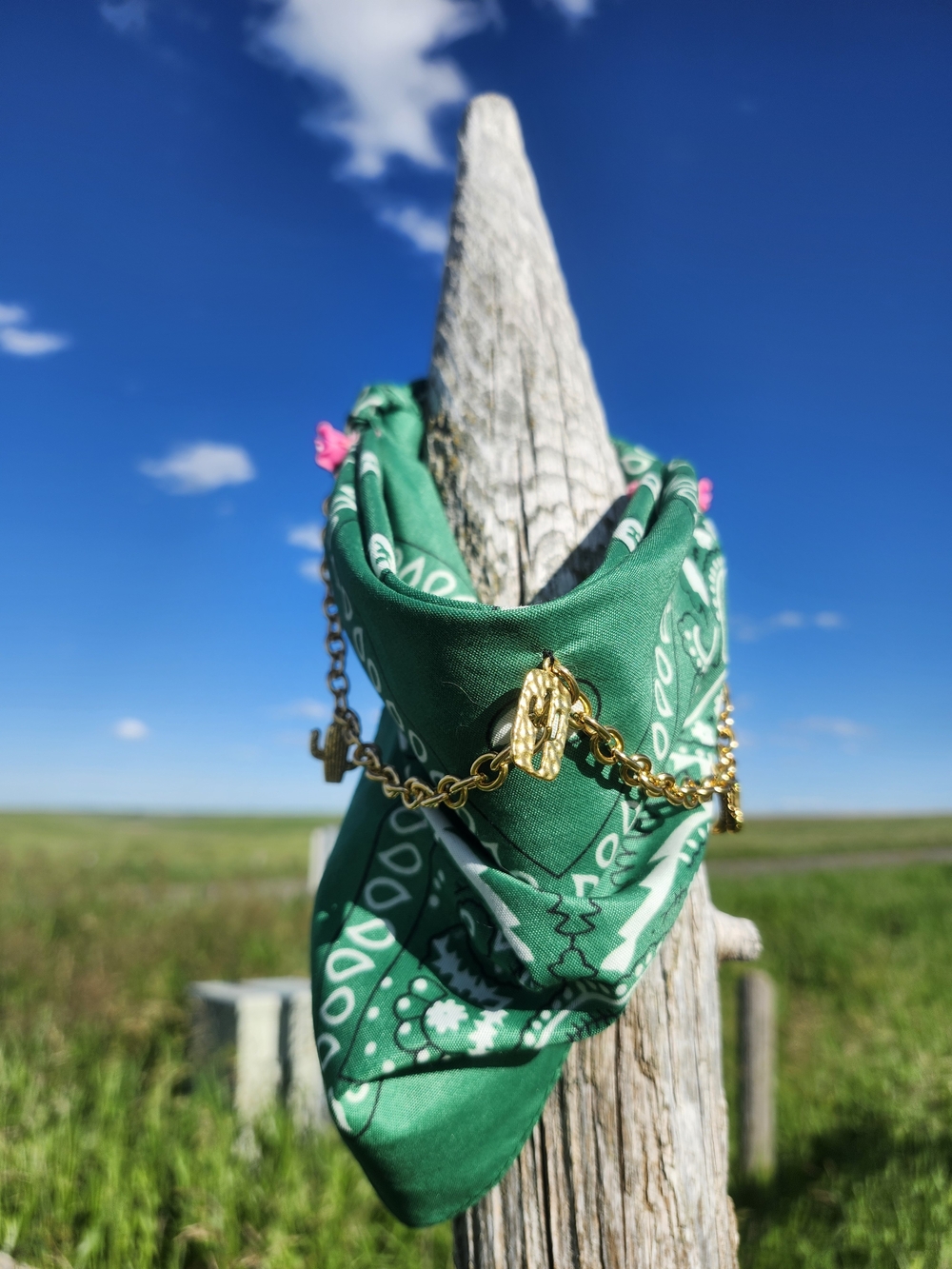 Handmade Green Bandana Scarf with Gold Chain Accent Cactus WESTERN